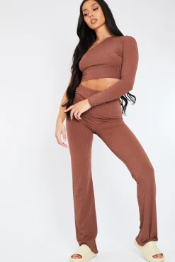 Rebellious Fashion Chocolate One Shoulder Crop Top & Trouser Set - Janece