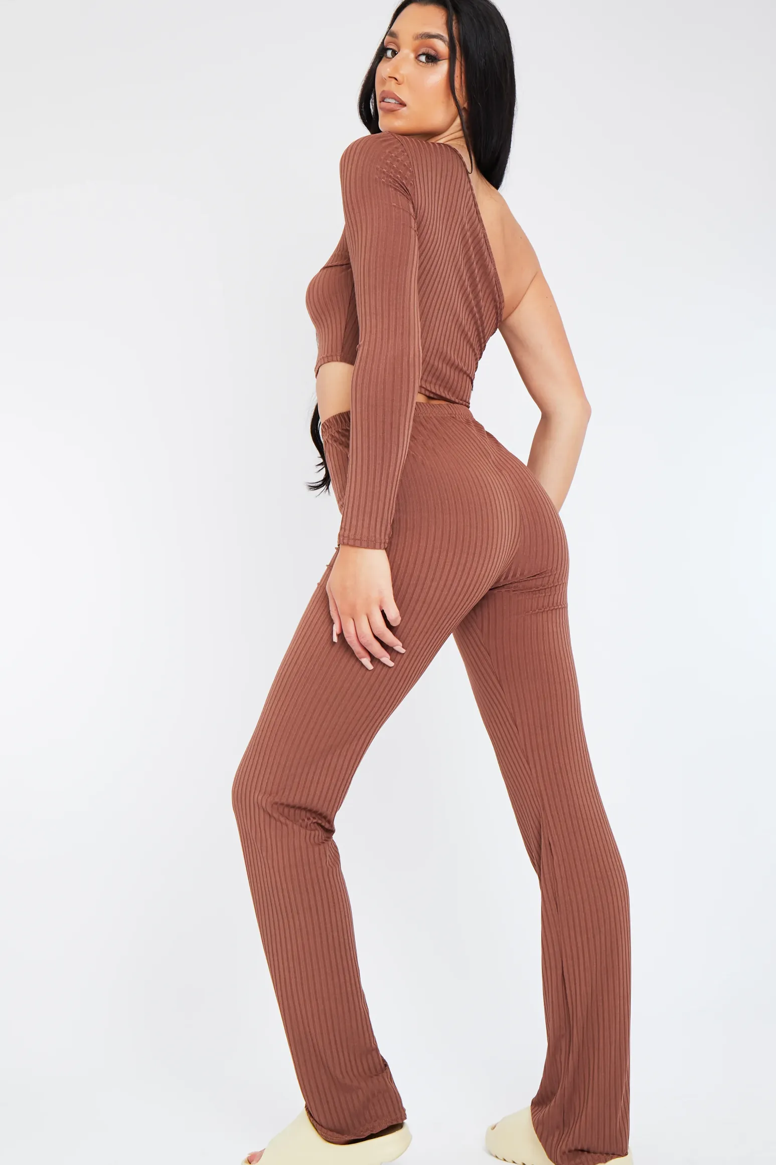 Rebellious Fashion Chocolate One Shoulder Crop Top & Trouser Set - Janece