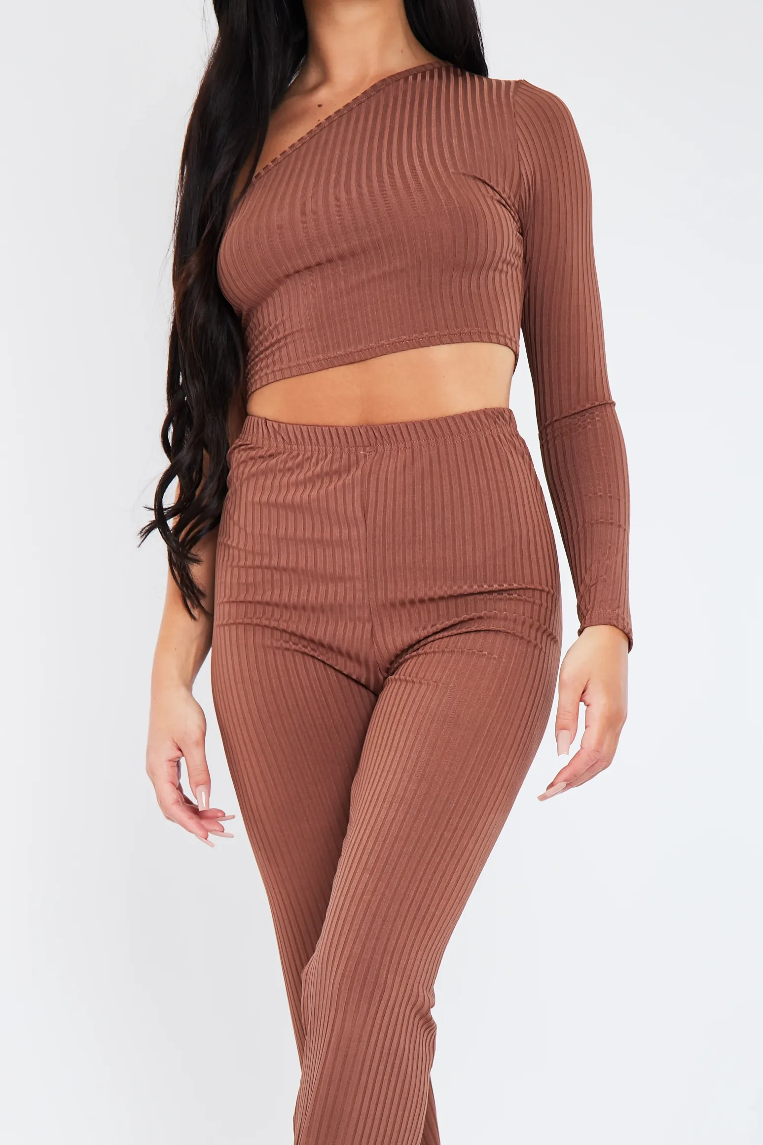 Rebellious Fashion Chocolate One Shoulder Crop Top & Trouser Set - Janece