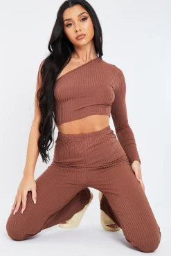 Rebellious Fashion Chocolate One Shoulder Crop Top & Trouser Set - Janece