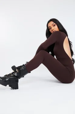 Rebellious Fashion Chocolate Open Back Jersey Jumpsuit - Danica