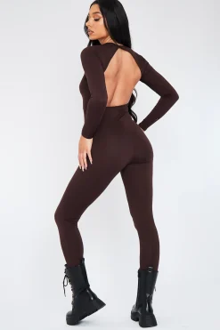 Rebellious Fashion Chocolate Open Back Jersey Jumpsuit - Danica