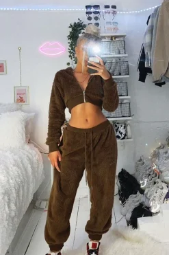 Rebellious Fashion Chocolate Oversized Teddy Joggers - Havana