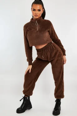 Rebellious Fashion Chocolate Oversized Teddy Joggers - Havana