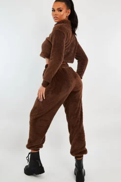 Rebellious Fashion Chocolate Oversized Teddy Joggers - Havana
