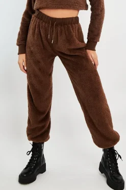 Rebellious Fashion Chocolate Oversized Teddy Joggers - Havana