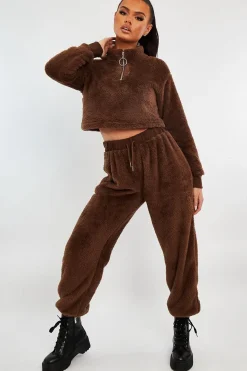 Rebellious Fashion Chocolate Oversized Teddy Joggers - Havana