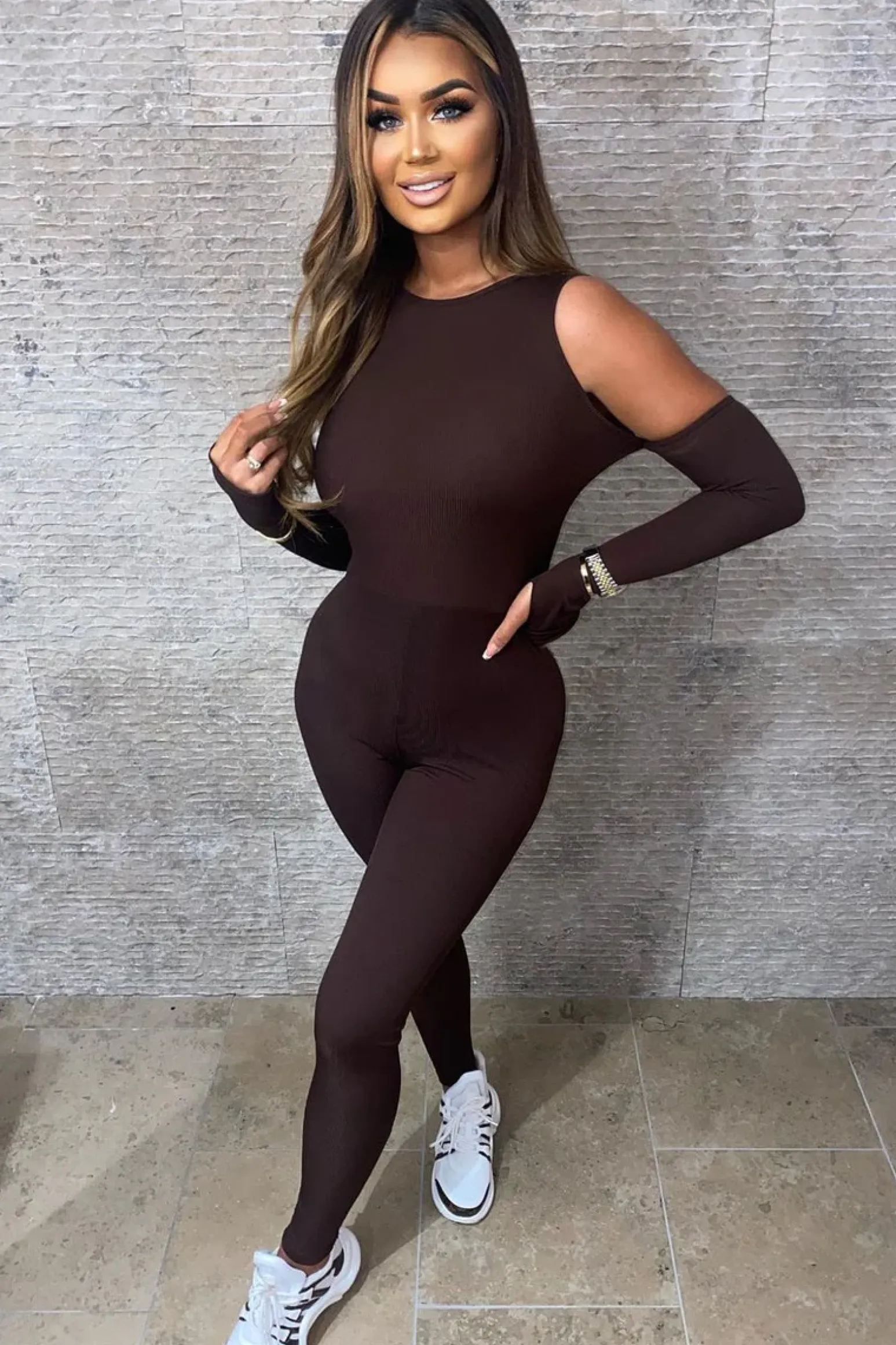 Rebellious Fashion Chocolate Rib Cut Out Shoulder Thumb Hole Jumpsuit - Mel