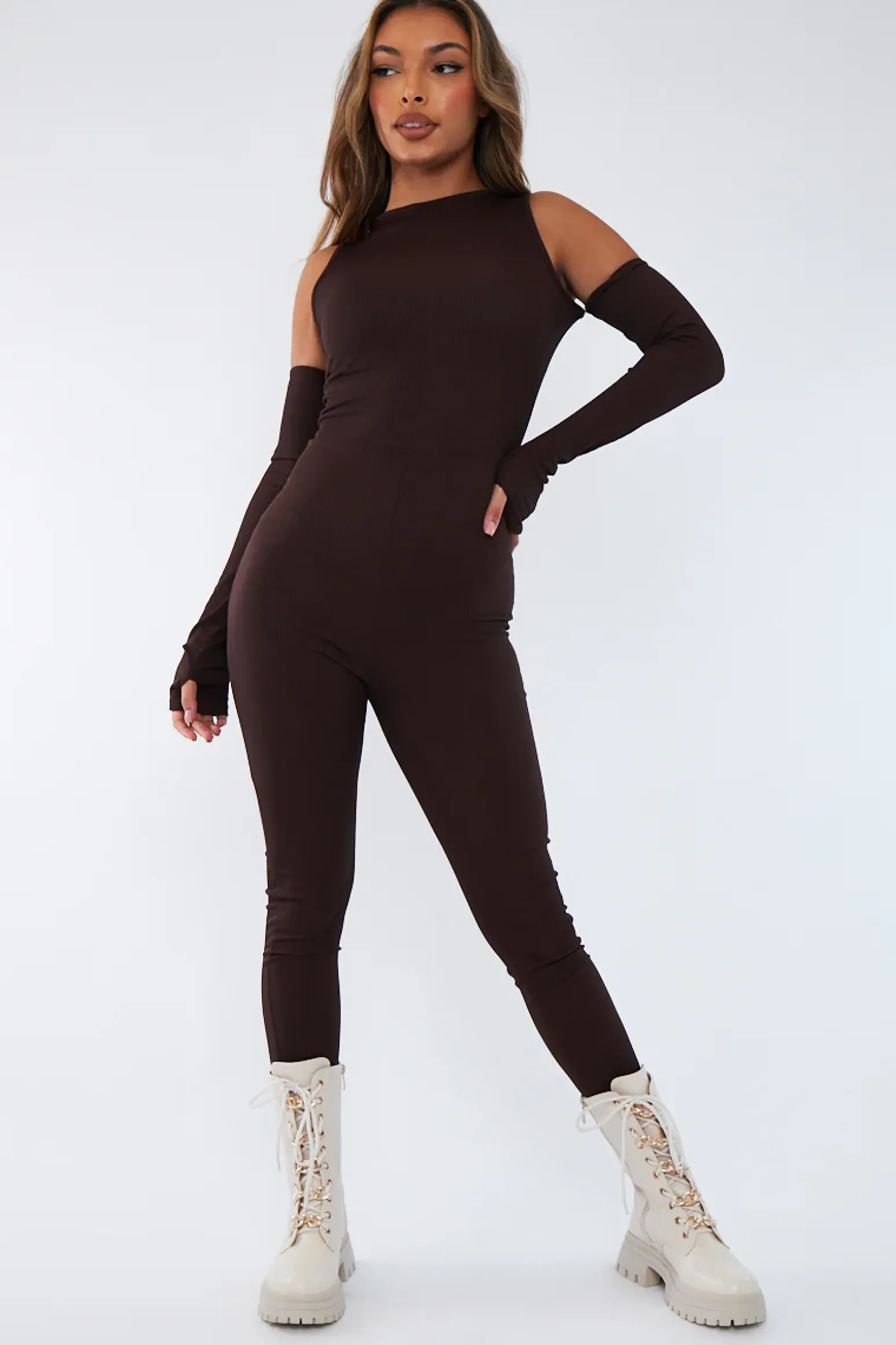 Rebellious Fashion Chocolate Rib Cut Out Shoulder Thumb Hole Jumpsuit - Mel