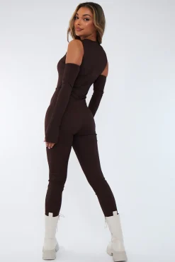 Rebellious Fashion Chocolate Rib Cut Out Shoulder Thumb Hole Jumpsuit - Mel