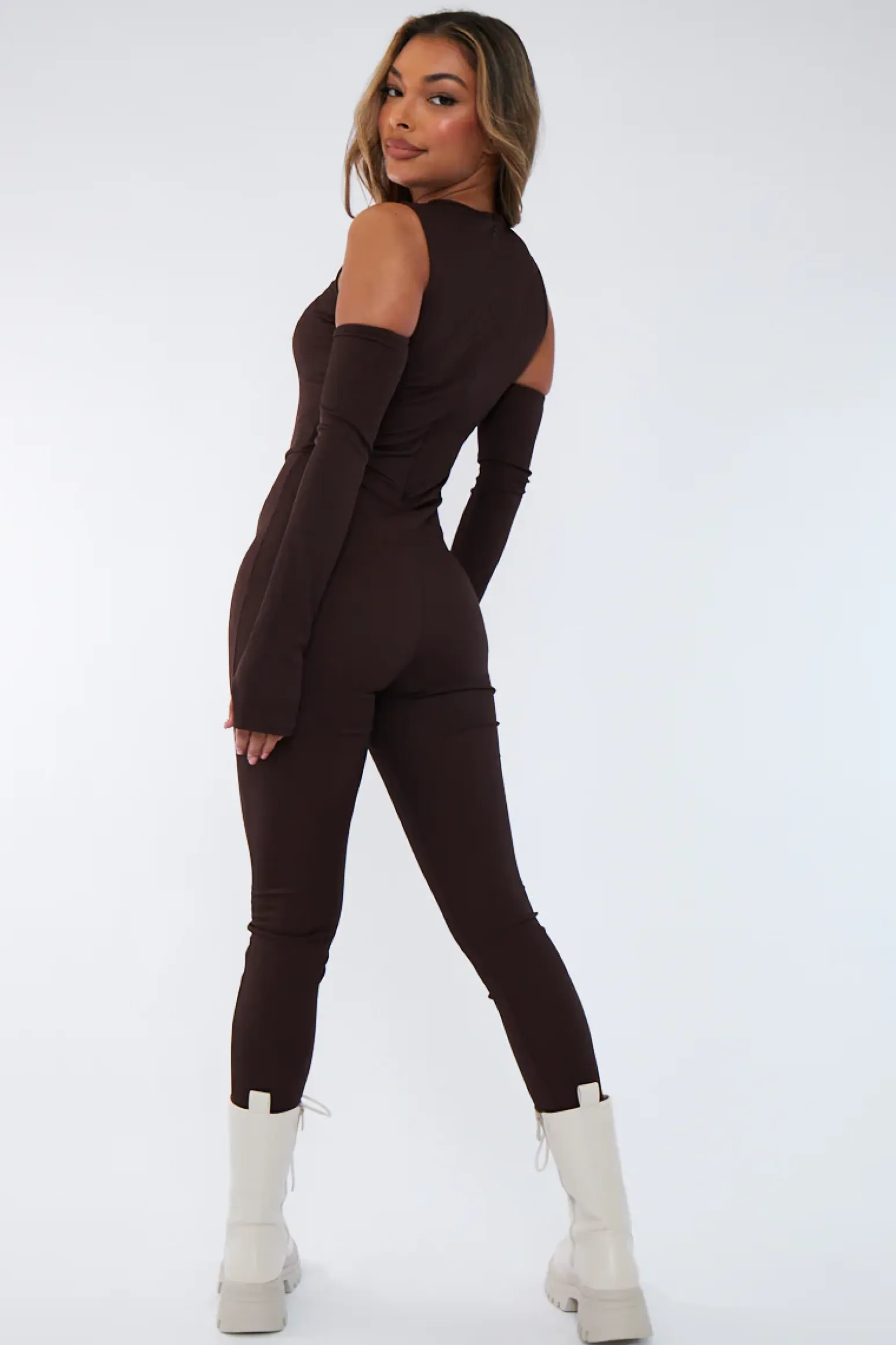 Rebellious Fashion Chocolate Rib Cut Out Shoulder Thumb Hole Jumpsuit - Mel