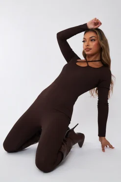 Rebellious Fashion Chocolate Rib Tie Halter Neck Jumpsuit - Asha