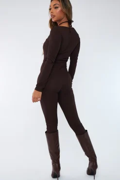 Rebellious Fashion Chocolate Rib Tie Halter Neck Jumpsuit - Asha