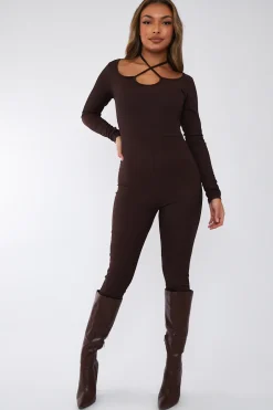Rebellious Fashion Chocolate Rib Tie Halter Neck Jumpsuit - Asha