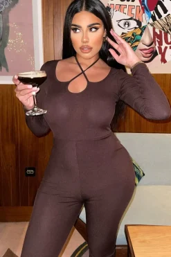 Rebellious Fashion Chocolate Rib Tie Halter Neck Jumpsuit - Asha