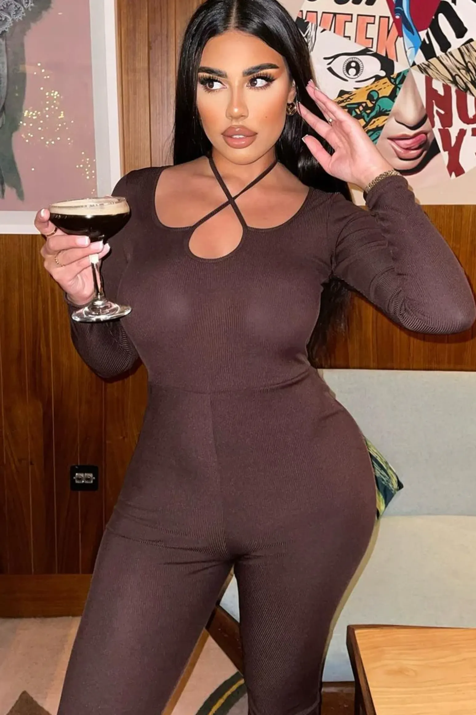 Rebellious Fashion Chocolate Rib Tie Halter Neck Jumpsuit - Asha