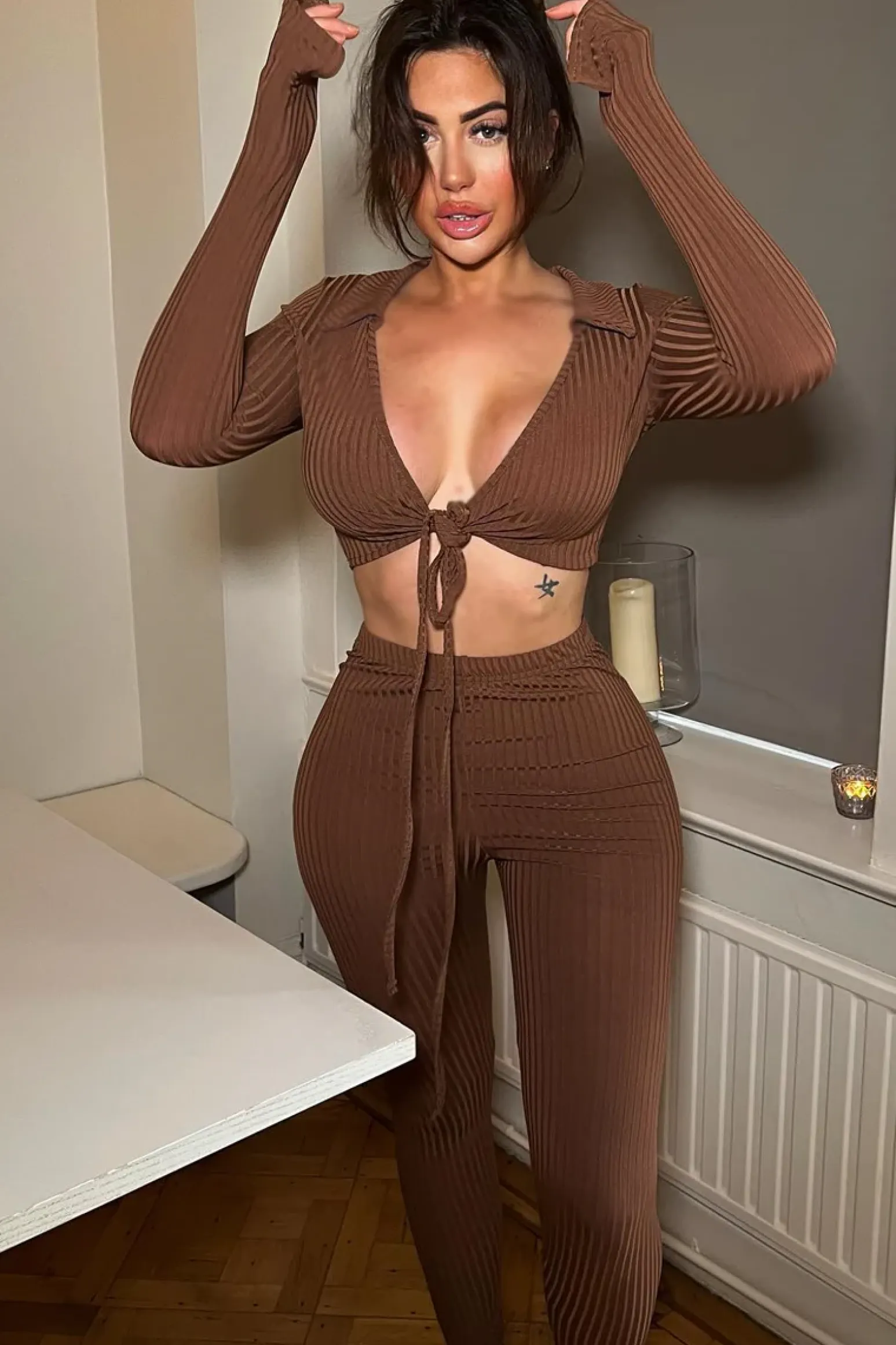 Rebellious Fashion Chocolate Rib Wrap Over Crop Top & Legging Set - Trista