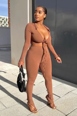 Rebellious Fashion Chocolate Rib Wrap Over Crop Top & Legging Set - Trista