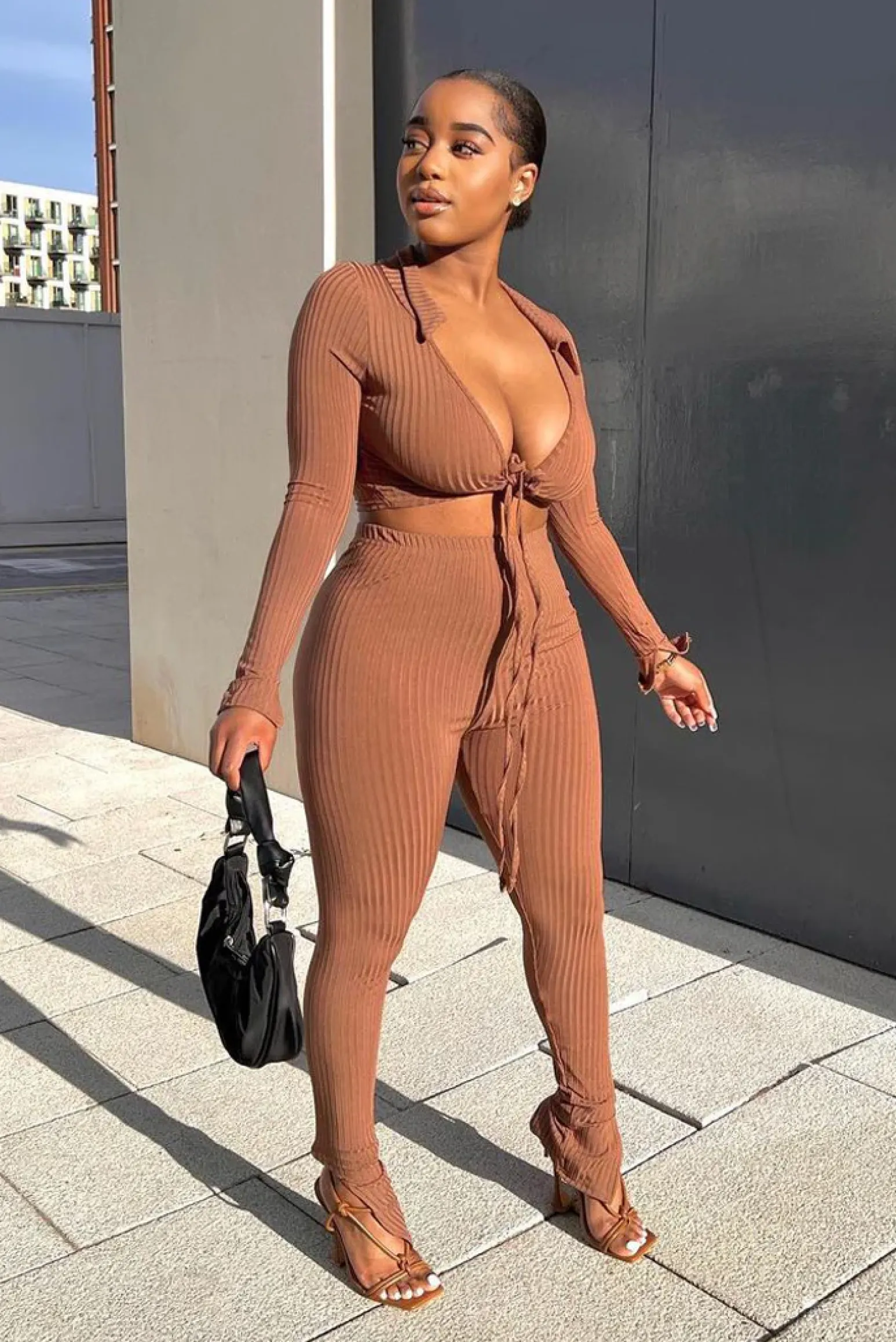Rebellious Fashion Chocolate Rib Wrap Over Crop Top & Legging Set - Trista