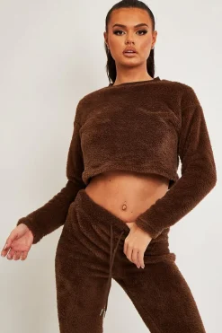 Rebellious Fashion Chocolate Round Neck Teddy Sweatshirt - Delsie