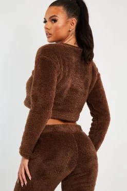 Rebellious Fashion Chocolate Round Neck Teddy Sweatshirt - Delsie