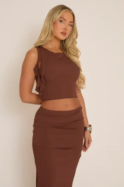Rebellious Fashion Chocolate Ruffle Top and Maxi Skirt Co-ords - Lavinia