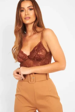 Rebellious Fashion Chocolate Sheer Lace Bodysuit - Katia