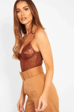 Rebellious Fashion Chocolate Sheer Lace Bodysuit - Katia