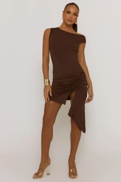 Rebellious Fashion Chocolate Slash Neck Side Split Mini Dress - Russi