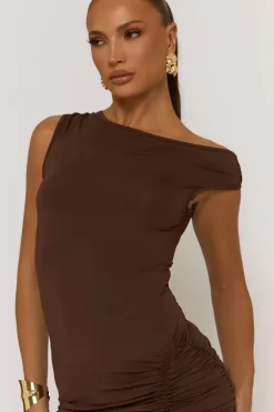 Rebellious Fashion Chocolate Slash Neck Side Split Mini Dress - Russi
