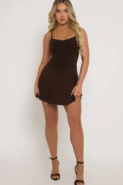 Rebellious Fashion Chocolate Slinky Asymmetric Flippy Mini Dress - Pepper