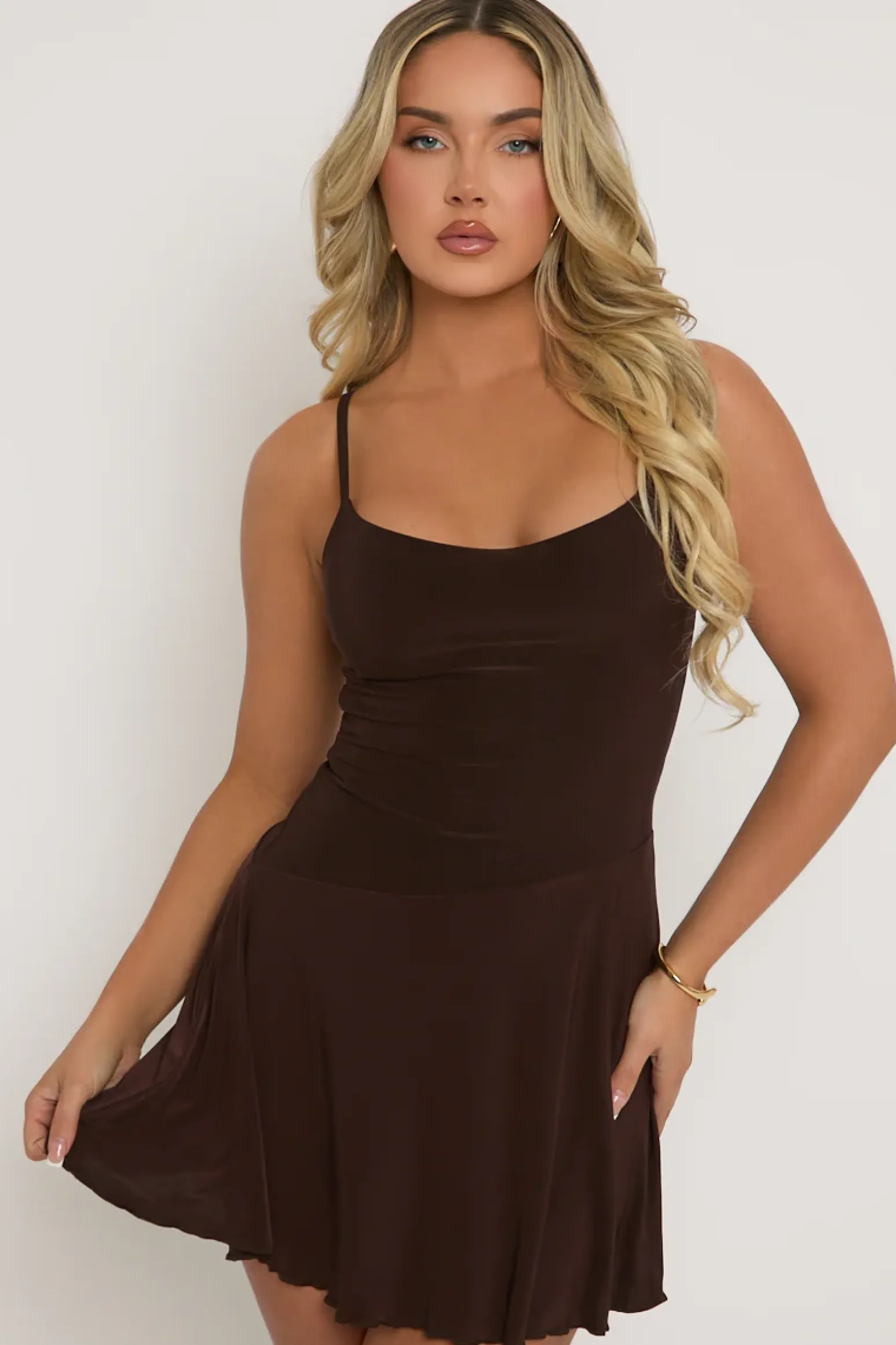 Rebellious Fashion Chocolate Slinky Asymmetric Flippy Mini Dress - Pepper