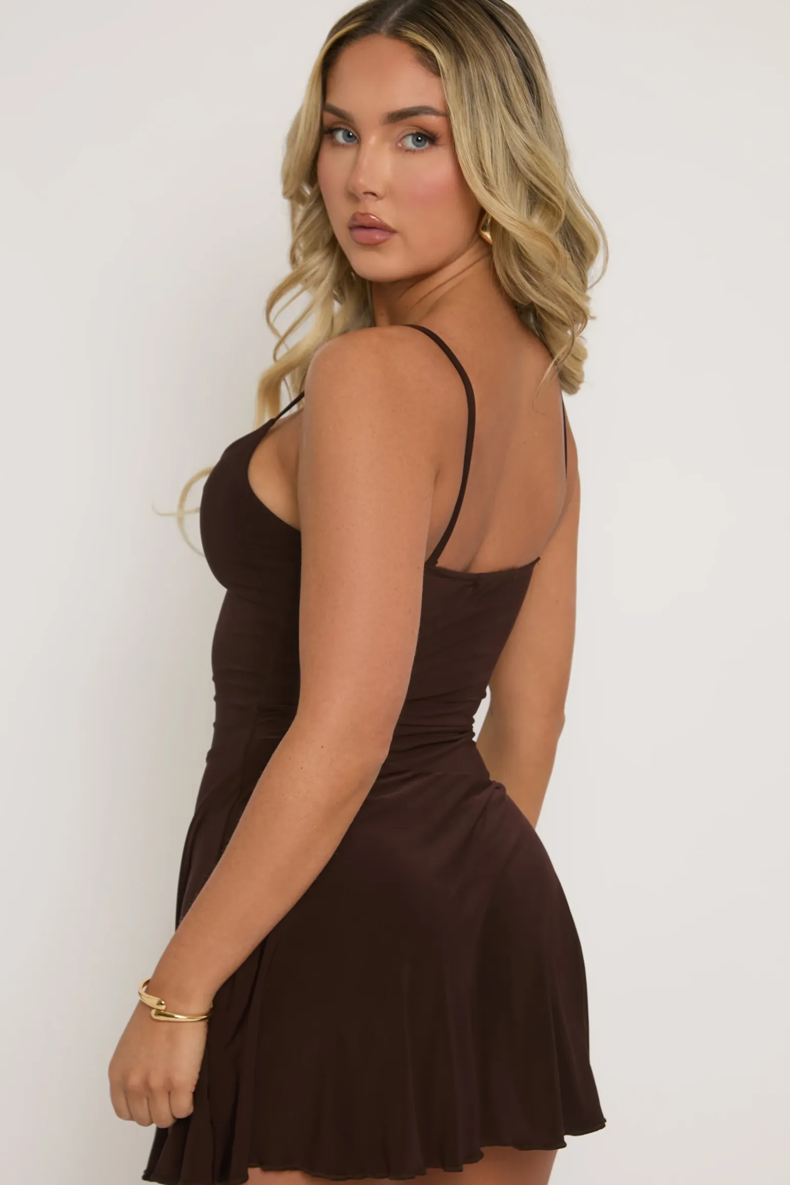 Rebellious Fashion Chocolate Slinky Asymmetric Flippy Mini Dress - Pepper