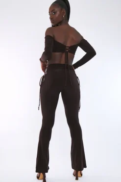 Rebellious Fashion Chocolate Slinky Bardot Crop Top & Lace Up Trouser Set - Shay