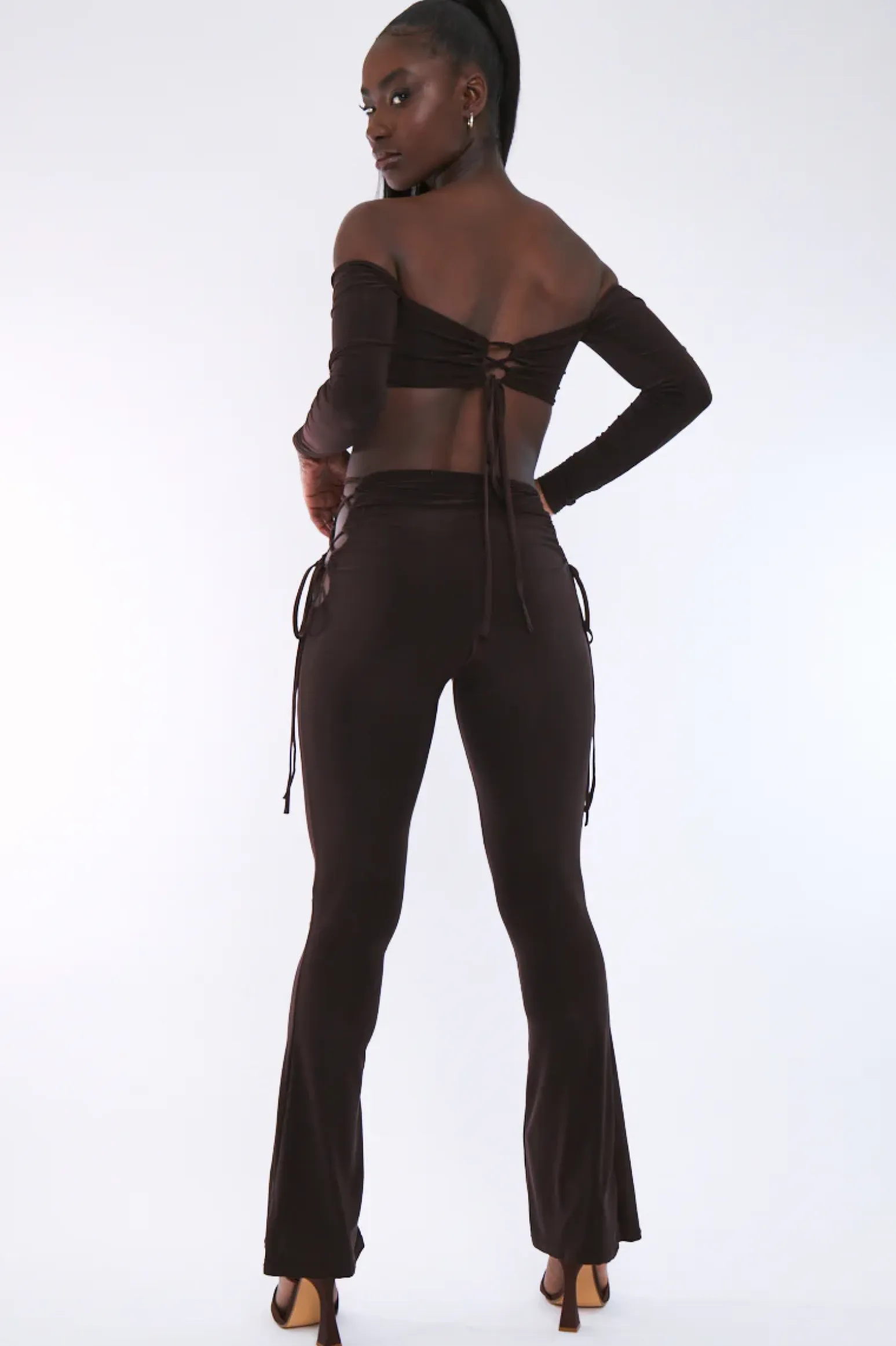Rebellious Fashion Chocolate Slinky Bardot Crop Top & Lace Up Trouser Set - Shay
