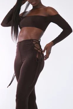 Rebellious Fashion Chocolate Slinky Bardot Crop Top & Lace Up Trouser Set - Shay