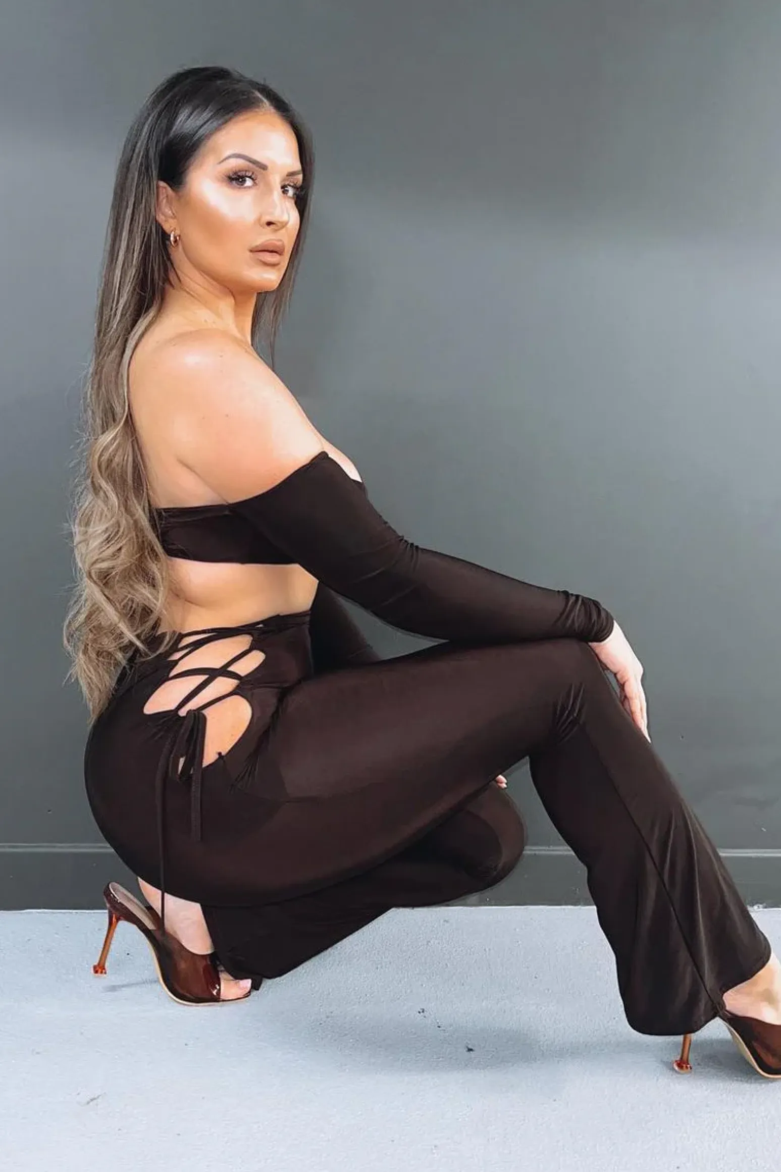 Rebellious Fashion Chocolate Slinky Bardot Crop Top & Lace Up Trouser Set - Shay