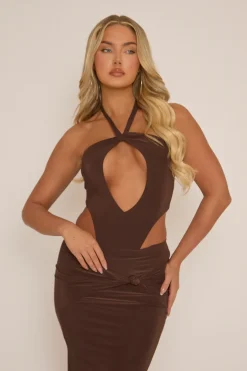 Rebellious Fashion Chocolate Slinky Cut Out Bodysuit and Maxi Skirt Co-ord Set - Suri