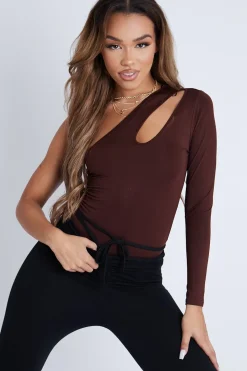 Rebellious Fashion Chocolate Slinky Cut Out One Sleeve Bodysuit - Debby