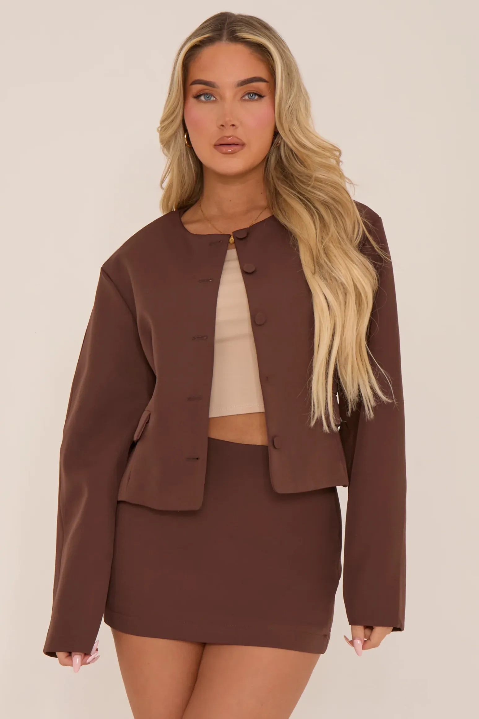 Rebellious Fashion Chocolate Tailored Jacket and Mini Skirt Co-ord - Belinda