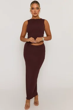 Rebellious Fashion Chocolate Textured Asymmetric Top and Maxi Skirt Co-ord Set - Yeva