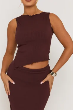 Rebellious Fashion Chocolate Textured Asymmetric Top and Maxi Skirt Co-ord Set - Yeva