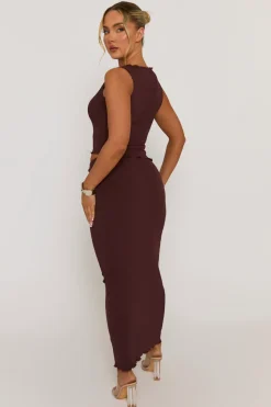 Rebellious Fashion Chocolate Textured Asymmetric Top and Maxi Skirt Co-ord Set - Yeva