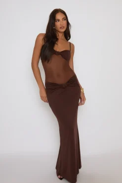 Rebellious Fashion Chocolate Twist Front Mesh Mix Maxi Dress - Lanna