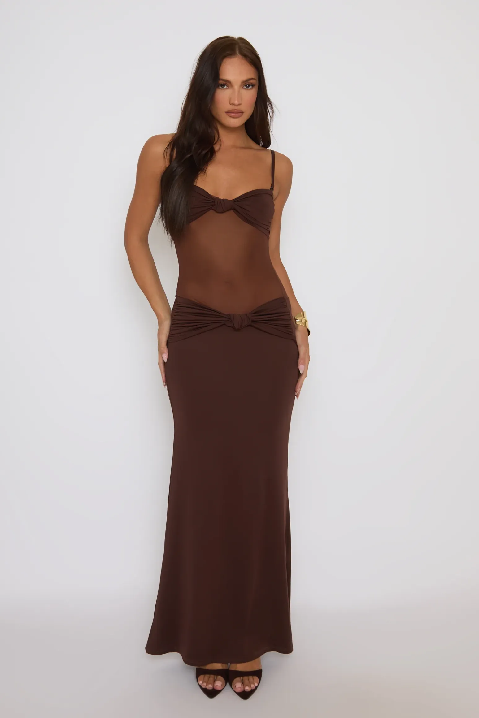 Rebellious Fashion Chocolate Twist Front Mesh Mix Maxi Dress - Lanna