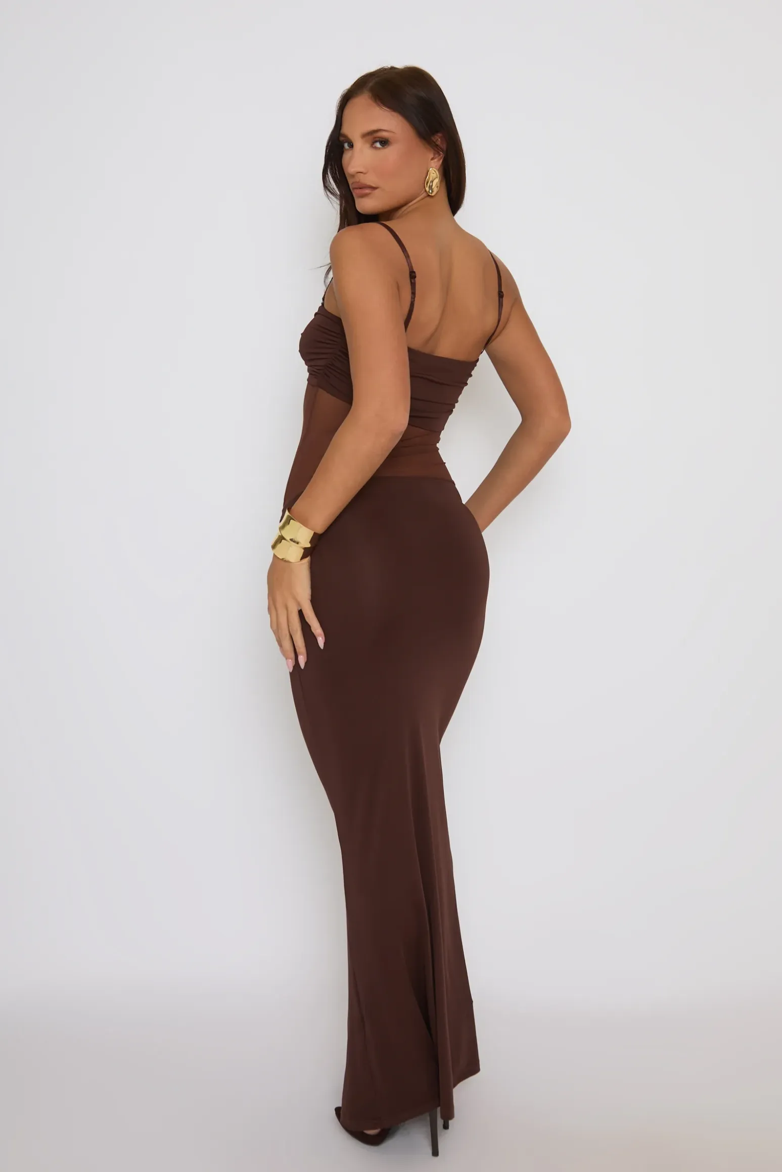 Rebellious Fashion Chocolate Twist Front Mesh Mix Maxi Dress - Lanna
