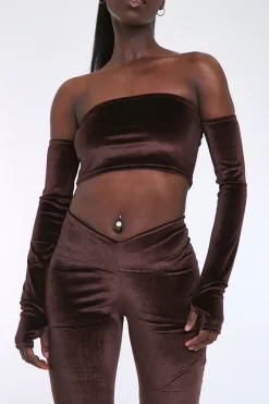 Rebellious Fashion Chocolate Velvet Thumb Hole Bardot Crop Top - Josie