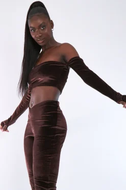 Rebellious Fashion Chocolate Velvet Thumb Hole Bardot Crop Top - Josie