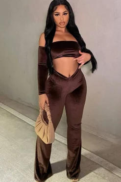 Rebellious Fashion Chocolate Velvet Thumb Hole Bardot Crop Top - Josie