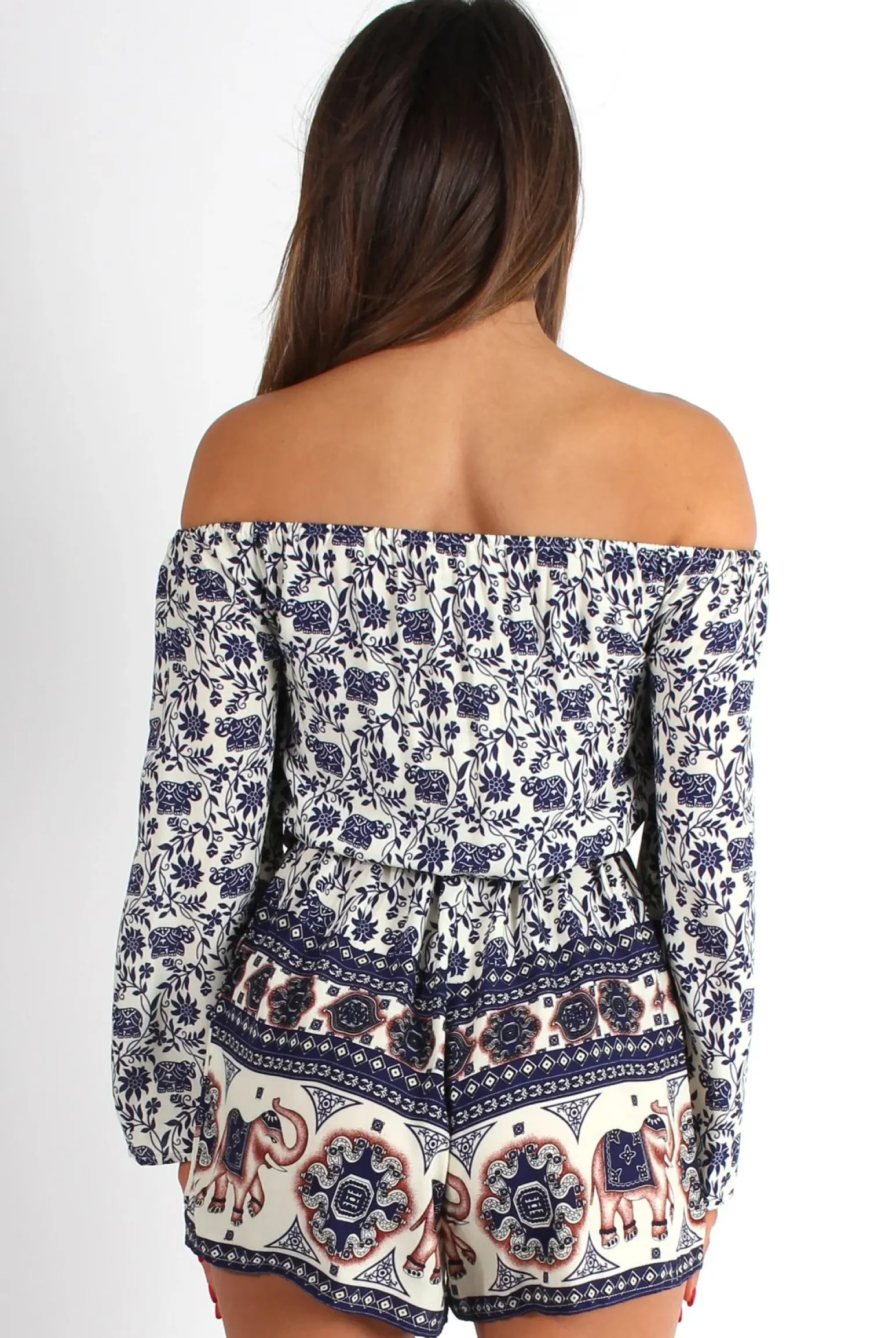Rebellious Fashion Christa Elephant Print Bell Sleeve Playsuit